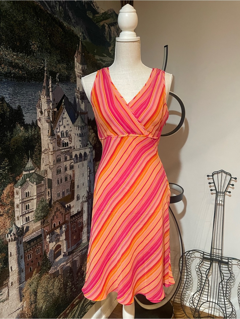 Bright Pink & Orange Sunset Striped      V-Neck Summer Dress